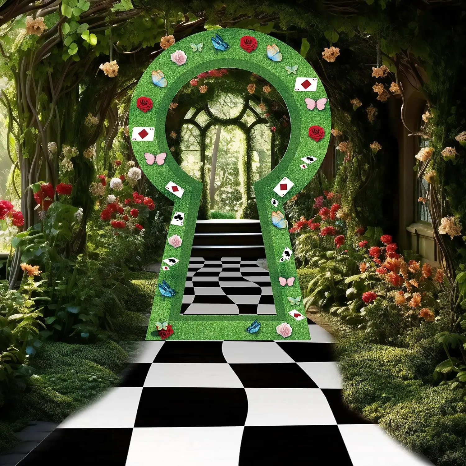 Wonderland Party Decorations Backdrop Wonderland Tea Party Fairy Green Grass Fence Door Banner Photo Props Background for Hallow view 5
