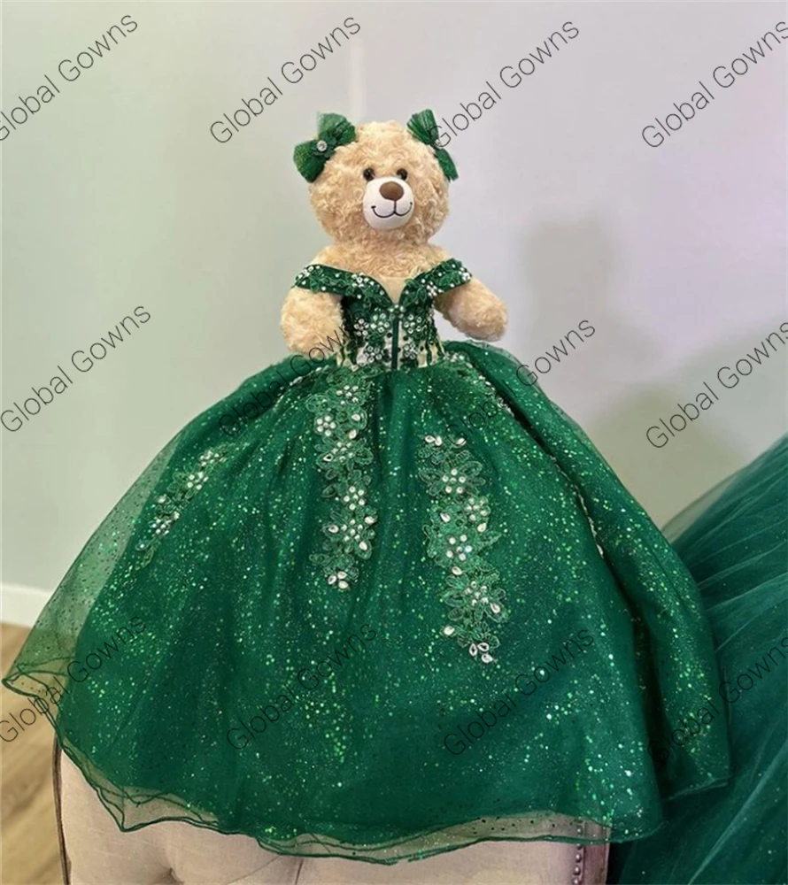 Special Link Green Off Shoulder Personalized Quinceanera Teddy Bear With Dresses Bead Appliques Mini Quinceanera Gown Customized