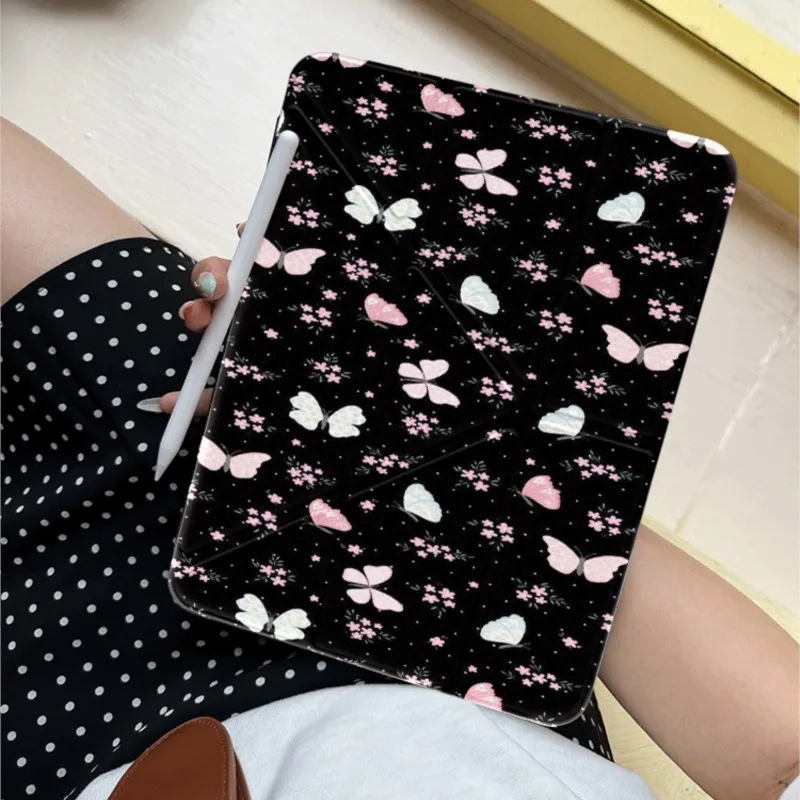 Girly Pink White Butterfly Floral Tablet Case For Samsung Tab S7/S8/S9/S10/S11 11inch Tad S7+/S8+/S9+/S10+ 12.4/13.1inch Cover