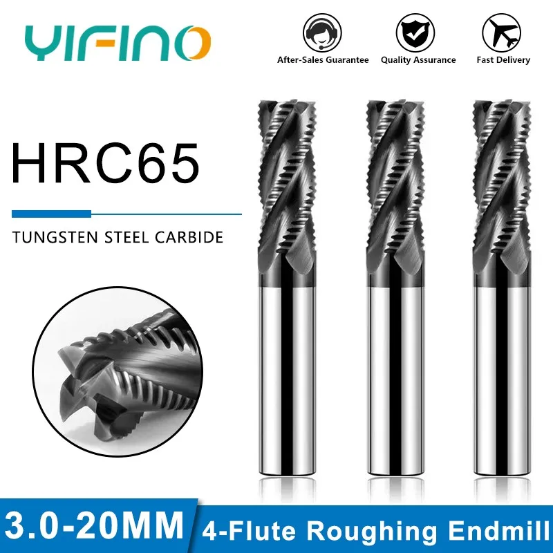 YIFINO HRC65 4-Flute Roughing End Mill Tungsten Steel Carbide Black Nano Coating Milling Cutter For CNC Machining Endmills Tools