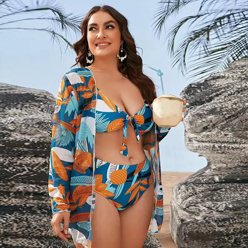 Plus Size Bikini Push Up Swimwear Women 3 Piece Suits Swimsuit 2023 Long Sleeve Cover Up Swimming Sexy Beachwear Bathing Suit