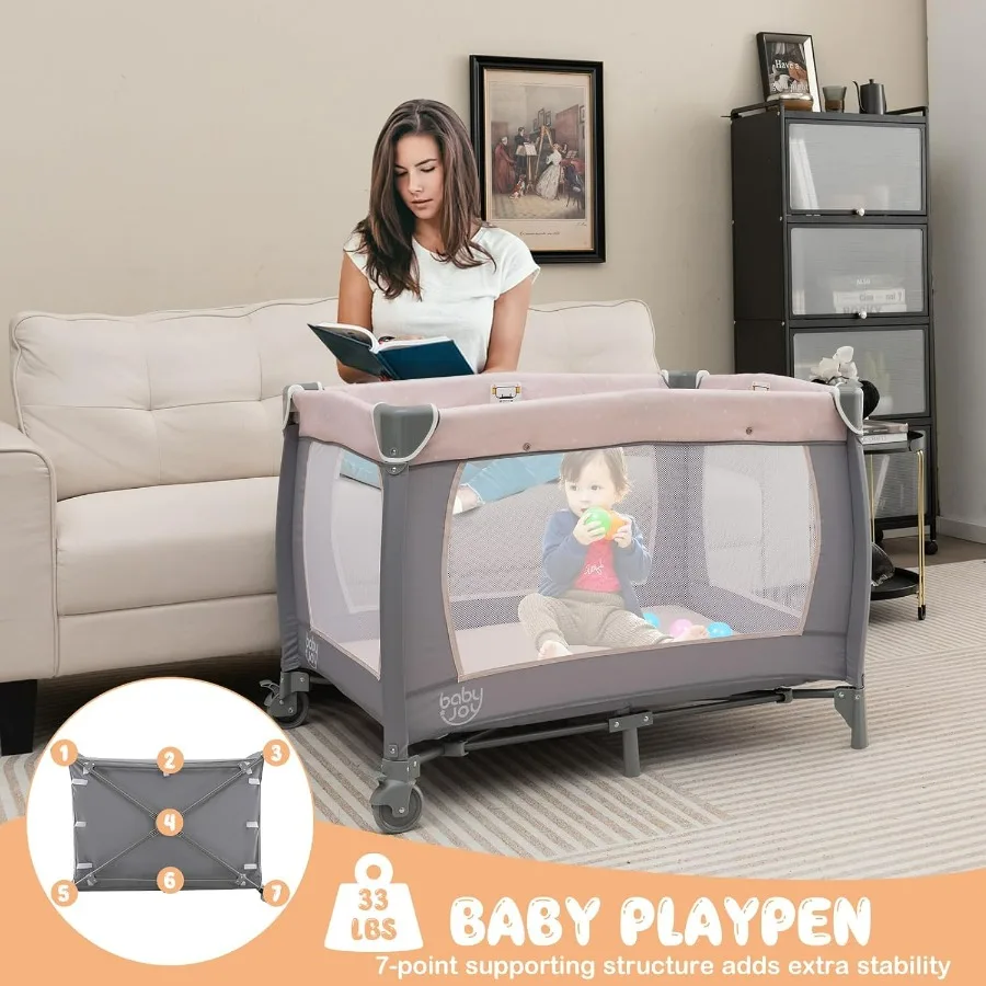 BABY JOY 5 في 1 Pack and Play Portable Baby Playard مع طاولة تغيير حفاضات سرير أطفال وردي مع موسيقى ألعاب #4