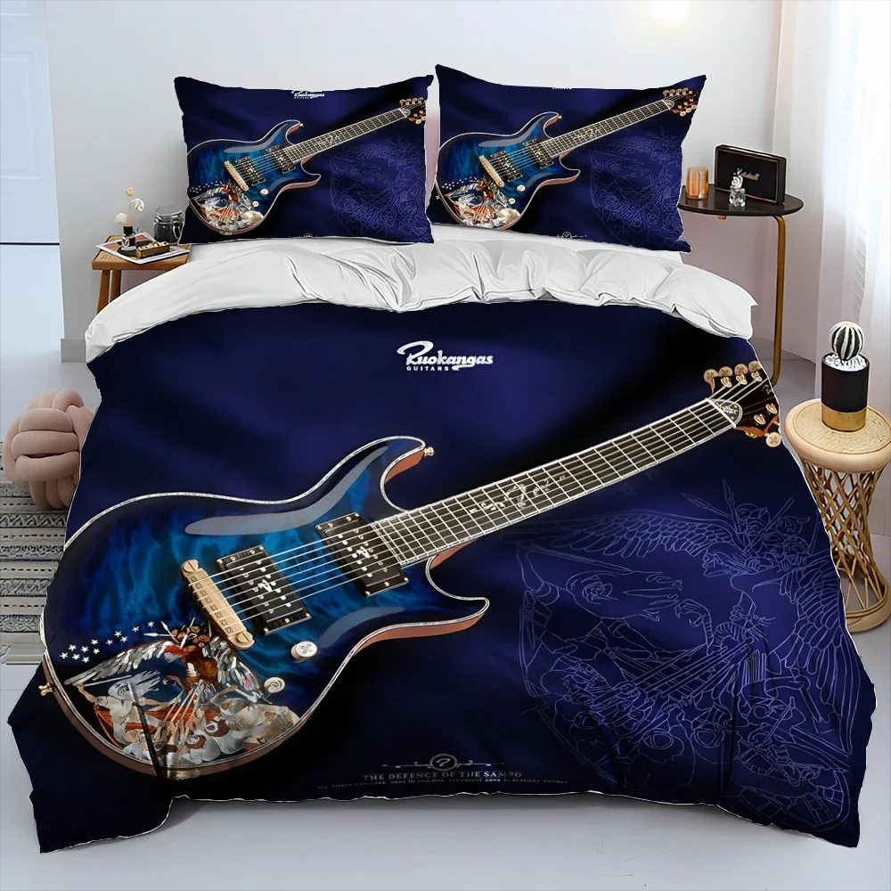 Single-sided Classical Guitar Printed Comforter, Comfortable Bedspreads, Duvet, King and Queen Bedding Sets, 3PCs