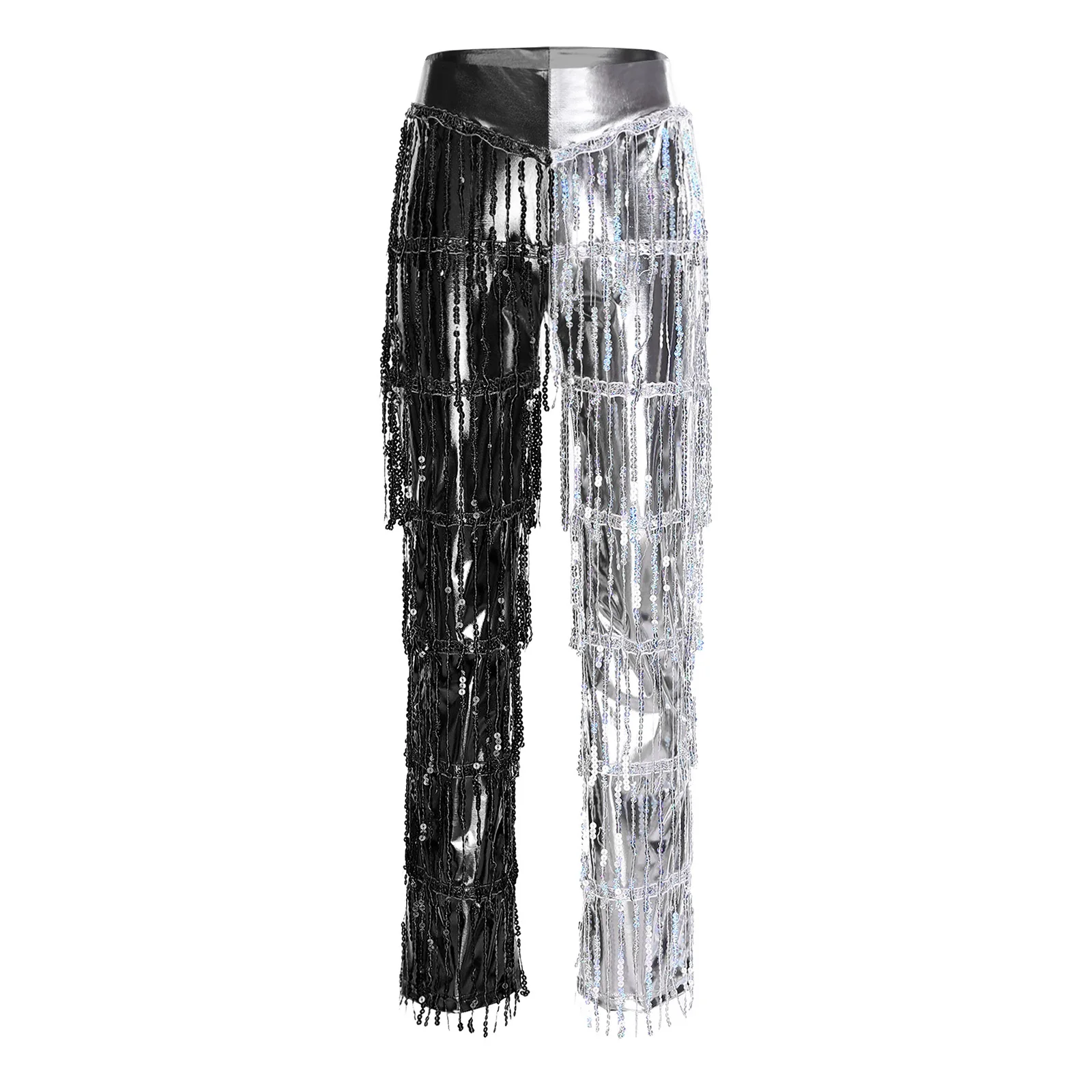 Frauen glänzende Quaste Latin Tango Rumba Tanz Performance Hose abgestufte Pailletten Quaste Metallic Tango Salsa 70er Jahre Disco Tanz Hose