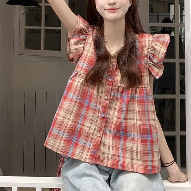 

Stylish Flying Sleeve Plaid Blouse Summer Casual Spliced Female Clothing Loose Elegant Square Collar Basic Single-breasted Shirt