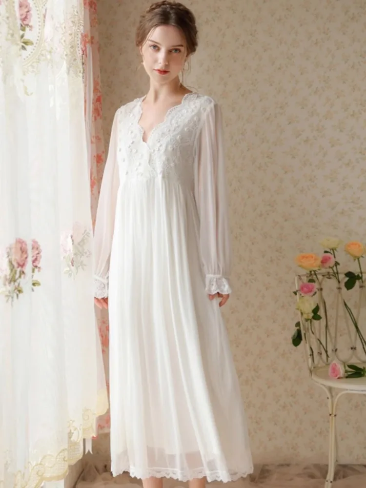 Spring Autumn Night Gown Sweet French Night Dress Pajama Women Embroidery Lace Long Sleeve Nightgown Loungewear Mesh Dresses