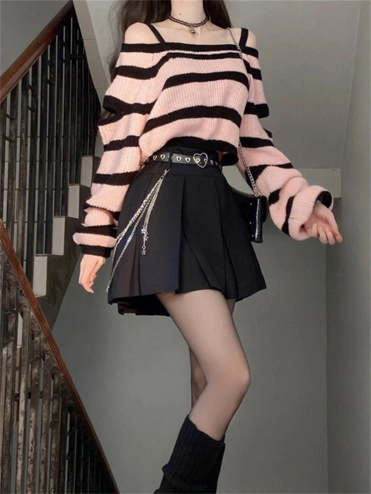 Deeptown Y2K Vintage Pink Striped Cropped Sweater Women Harajuku Off Shoulder Knitted Jumper Korean Fashion Casual Knitwear Tops