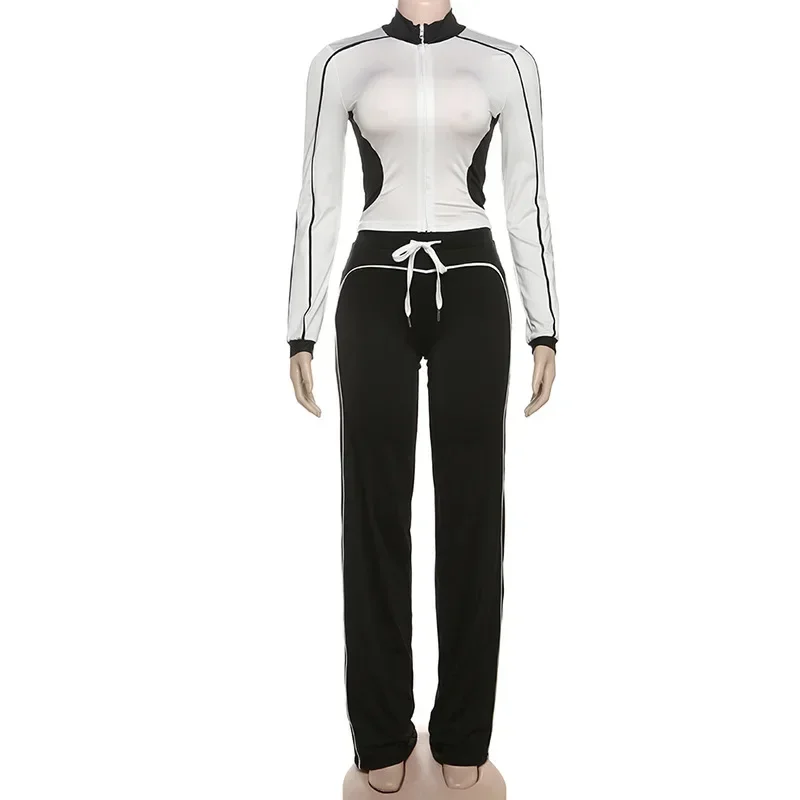 

Women Patchwork Casual Sporty 2 Piece Set Long Sleeve Zipper Jacket Crop Tops + Drawstring Straight Pants Jogger Tracksuits