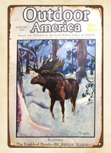 1930 Outdoor America magazine cover moose snow forest metal tin sign bar design sign