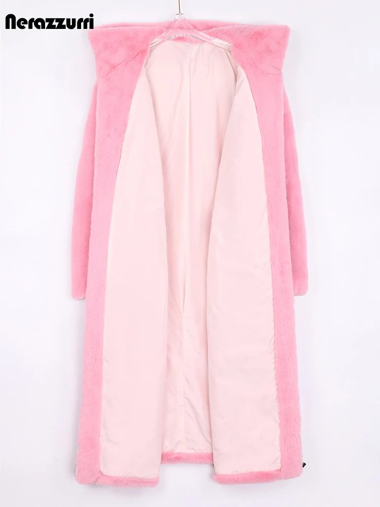 Nerazzurri Winter Pink Warm Oversized Faux Fur Coat Women Long Sleeve Hood Baggy Fluffy Jacket Loose Casual Korean Fashion 2021