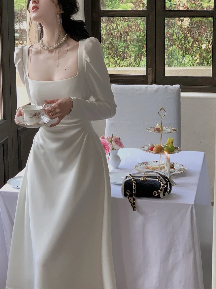 

Ele White Square Collar Long Sve Dr Slimming Waist Design Polyester Fabric Luxury Sle A-Line Skirt for Various Oc...