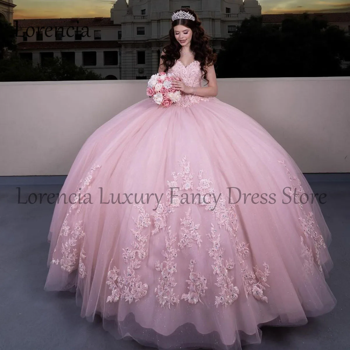 2024 rosa Quince anera Kleid Ballkleid Spitze Applikationen ärmellose Perlen Kristall formale Korsett süß 15 16 Vestidos de 15 Años