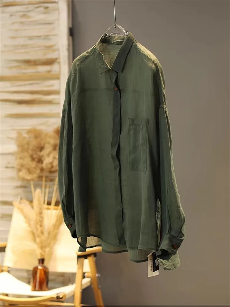 Été nouveau Simple respirant coton lin chemises femmes mode coréenne femme Blouse à manches longues décontracté tout Match chanvre hauts