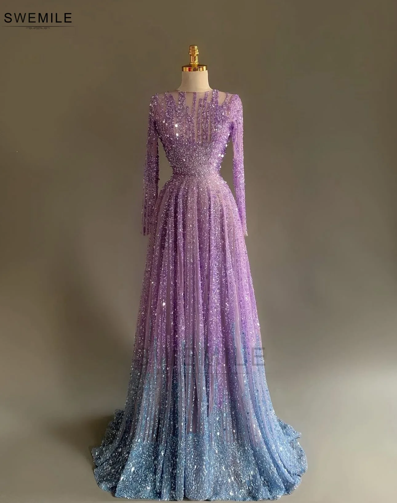 SWEMILE Luxury Beaded Evening Dresses Purple-Blue Sequins Beading O-Neck Long Sleeve Prom Dress Customized A-Line Formal Gowns