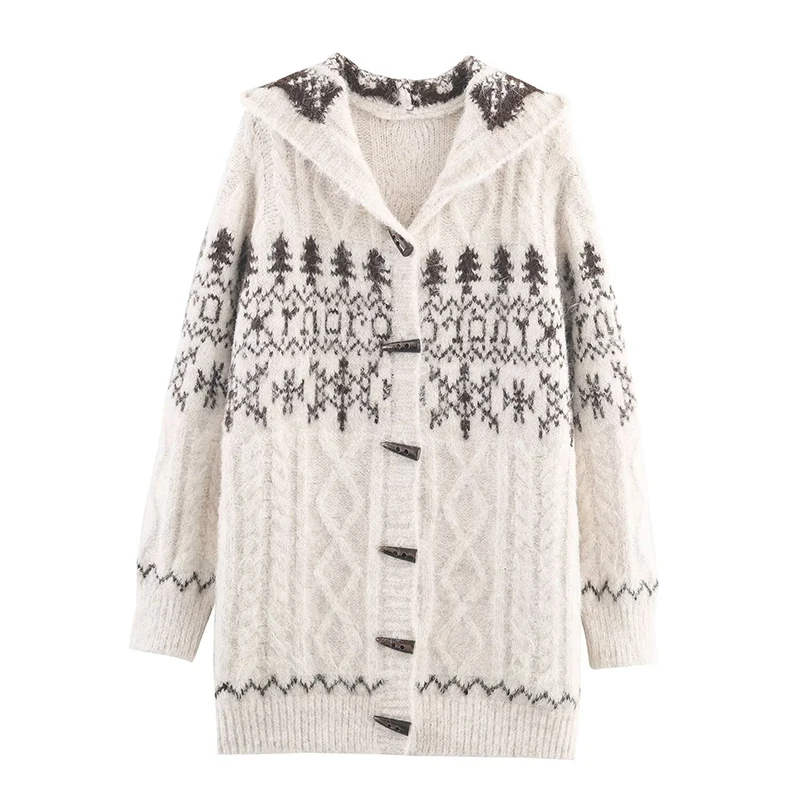 

Jacquard Hooded Knit Cardigan Coat For Women Long Sleeve Autumn Winter Warm Outerwear