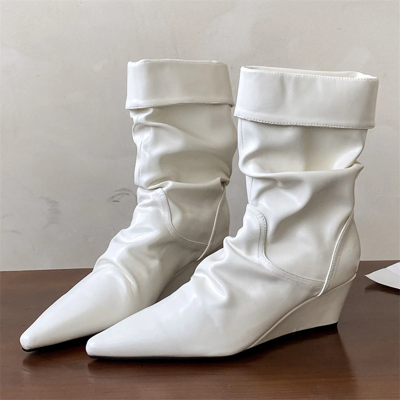 

Eilyken модный дизайн плиссированные женские ботильоны на высоком каблуке на танкетке весна-осень короткие ботильоны лаконичные туфли с острым носком