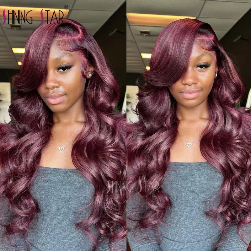 Perruque Lace Front Wig Body Wave Naturelle, Cheveux Humains, Couleur Rouge Bordeaux 99J, 13x6 HD, Pre-Plucked, 30 32 Pouces