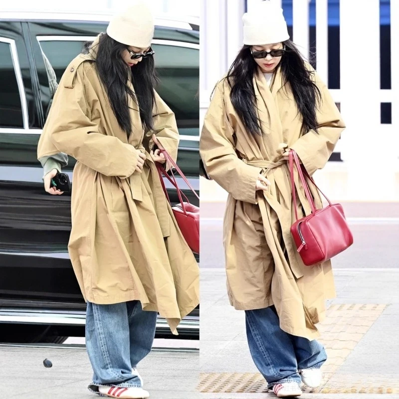 

Jennie's Same Style Trench Coat, Women's Scarf, Collar, Belt, Slim Fit, Mid Length Jacket, Autumn and Winter High Version