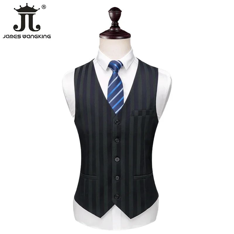 ( Blazer + Vest + Pants ) British Style Green Stripe Suit Groom Wedding Dress Men\'s Business Casual Formal Work Slim Suit