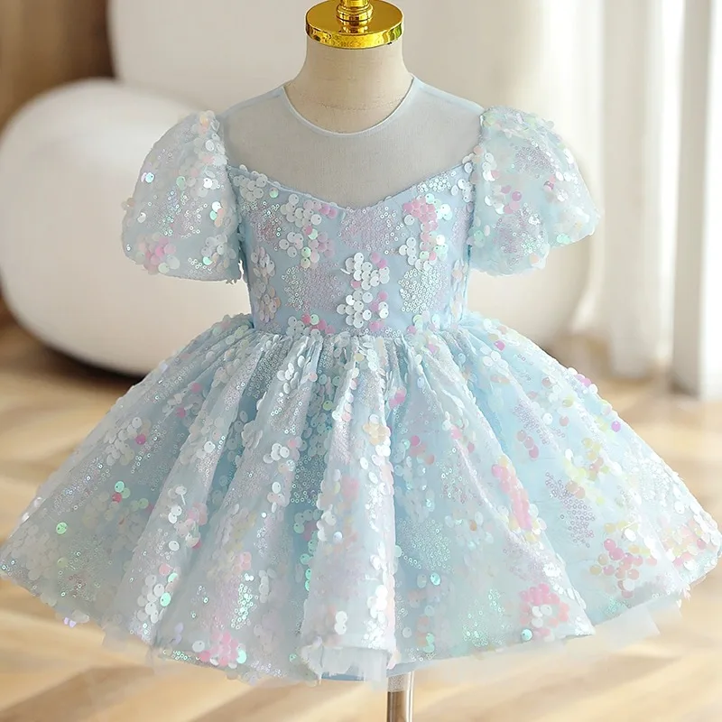 

Toddler Girls Blue Sequin Dresses Birthday Party and Wedding Kids Formal Prom Short Evening Gowns Luxury Pageant Child Eid Dress