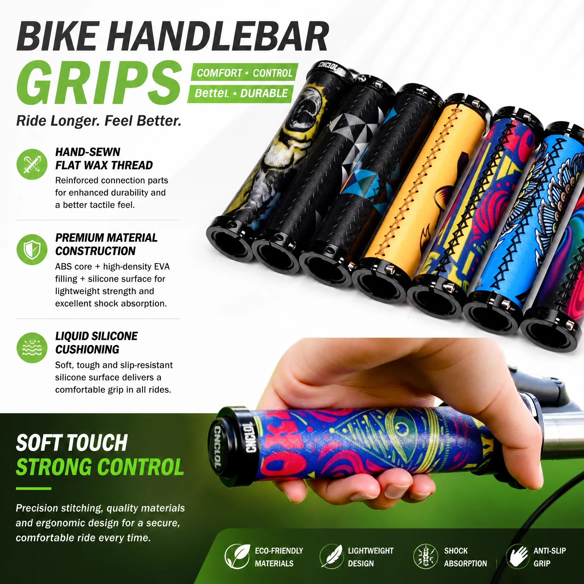 CNCLOL 3D Anti-Slip Silicone Bike Grips Double Lock On Dual Shock Absorbing Heat Insulated MTB Fixed Gear Bicycle Grips
