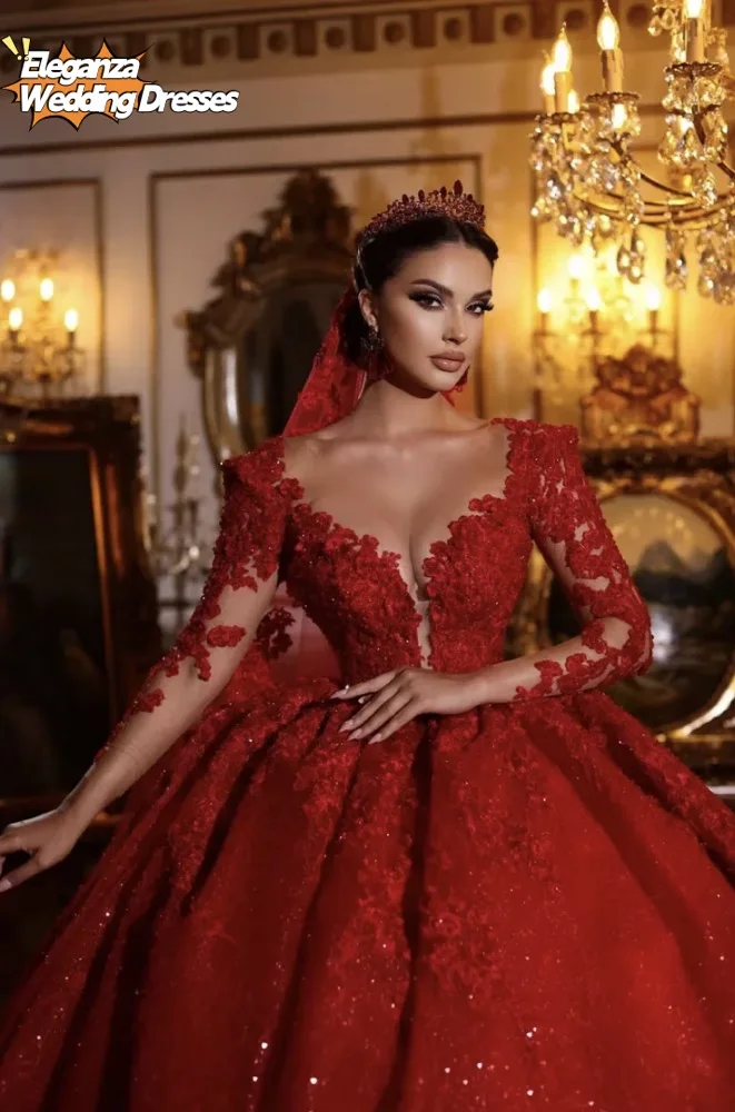 Gaun Pengantin Merah Renda Cantik Dubai Kustom Gaun Pengantin Arab Pernikahan Berkilau Lengan Panjang Gaun Pengantin Arab Vestido De Novia