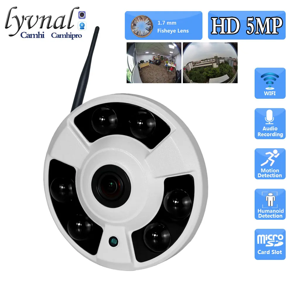 H.265 5MP Wireless Security IP Camera Wifi Audio 1.7mm Fisheye Lens With SD TF Card Slot Human Detection Alarm IR Night Vision