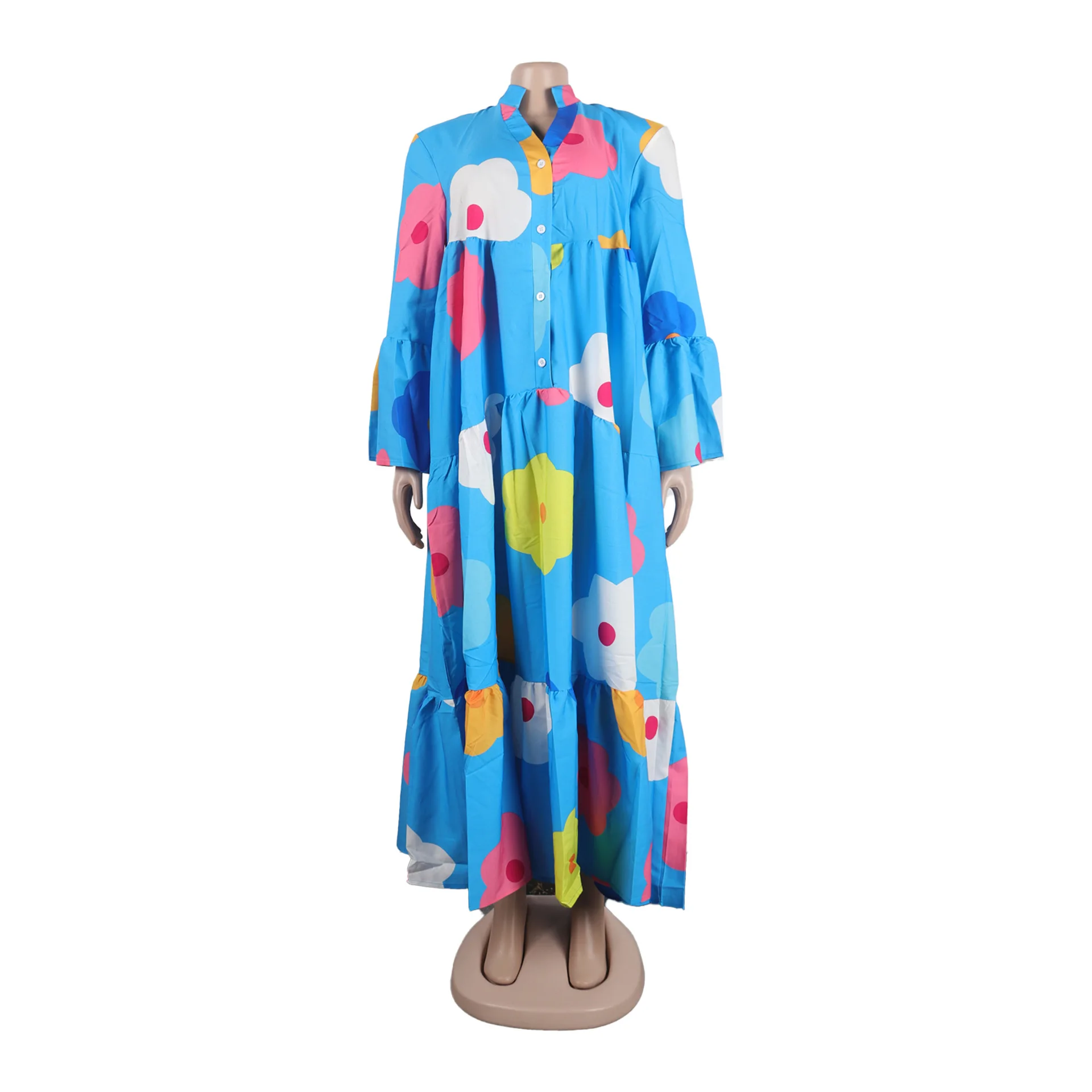 Elegant African Dresses for Women Spring Autumn African Women Long Sleeve V-neck Polyester Print Maxi Dress Africa Clothes S-3XL