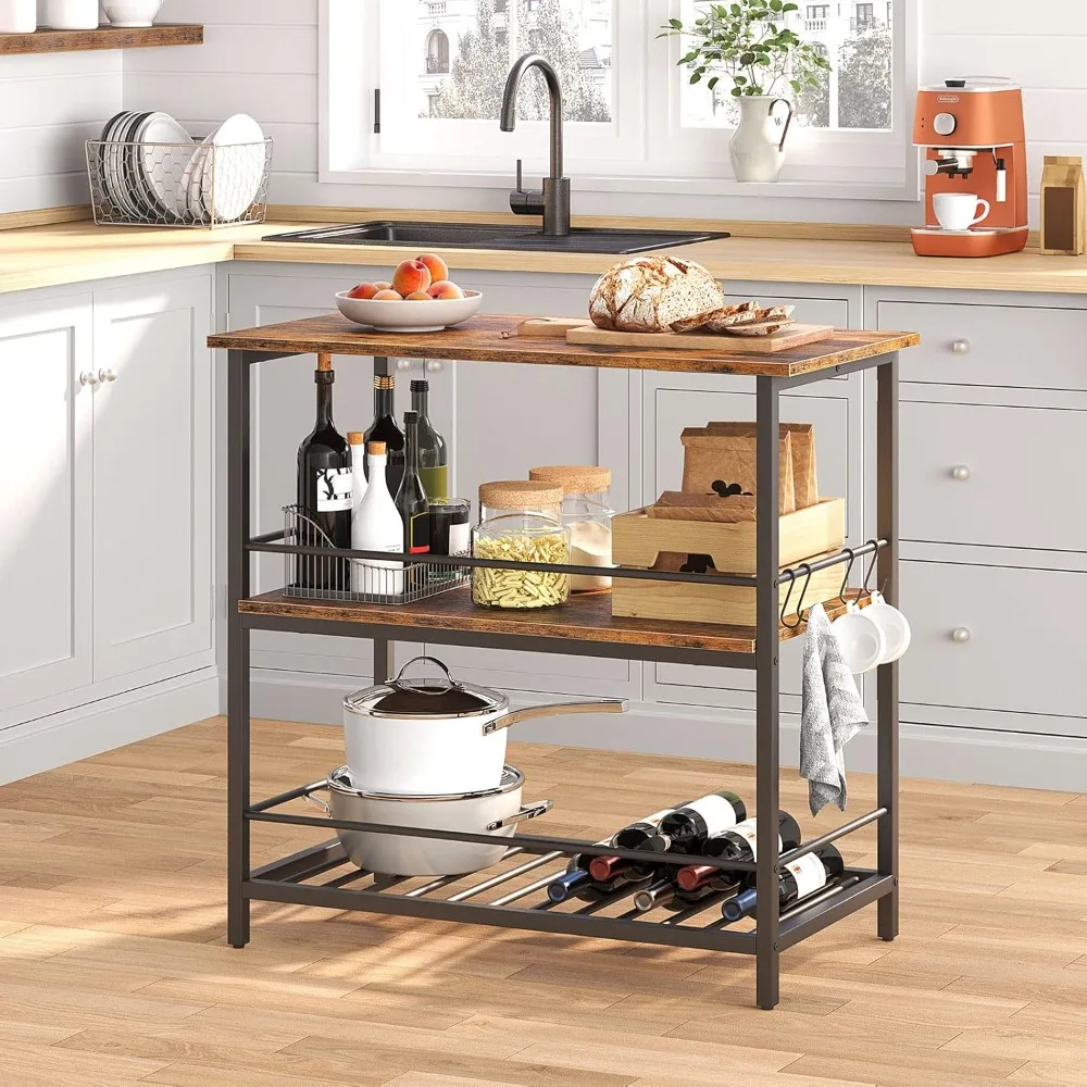 HOOBRO Kitchen Island with Wine Rack, Industrial Kitchen Counter with Hooks and Protective Rails, 3 Tier Kitchen Shelf