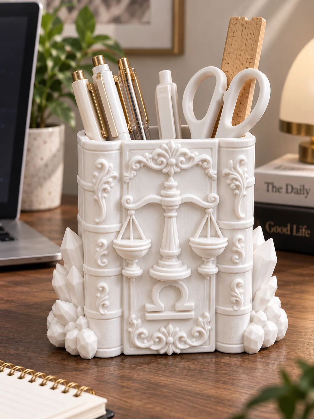 Multifunctional and Versatile Libra Zodiac Sign Desktop Storage Box, Justice Scale Book-Shaped Embossed Crystal Embellished Matte White Pen Holder, Stationery Storage Box, Makeup Brush Storage Two-In-One, Stable Base, Large Capacity, Wide Opening, Space-Saving, Durable, Suitable for Office Desk, Study Room, Makeup Table, Home Office Desktop Decoration, Creative and Practical Gift