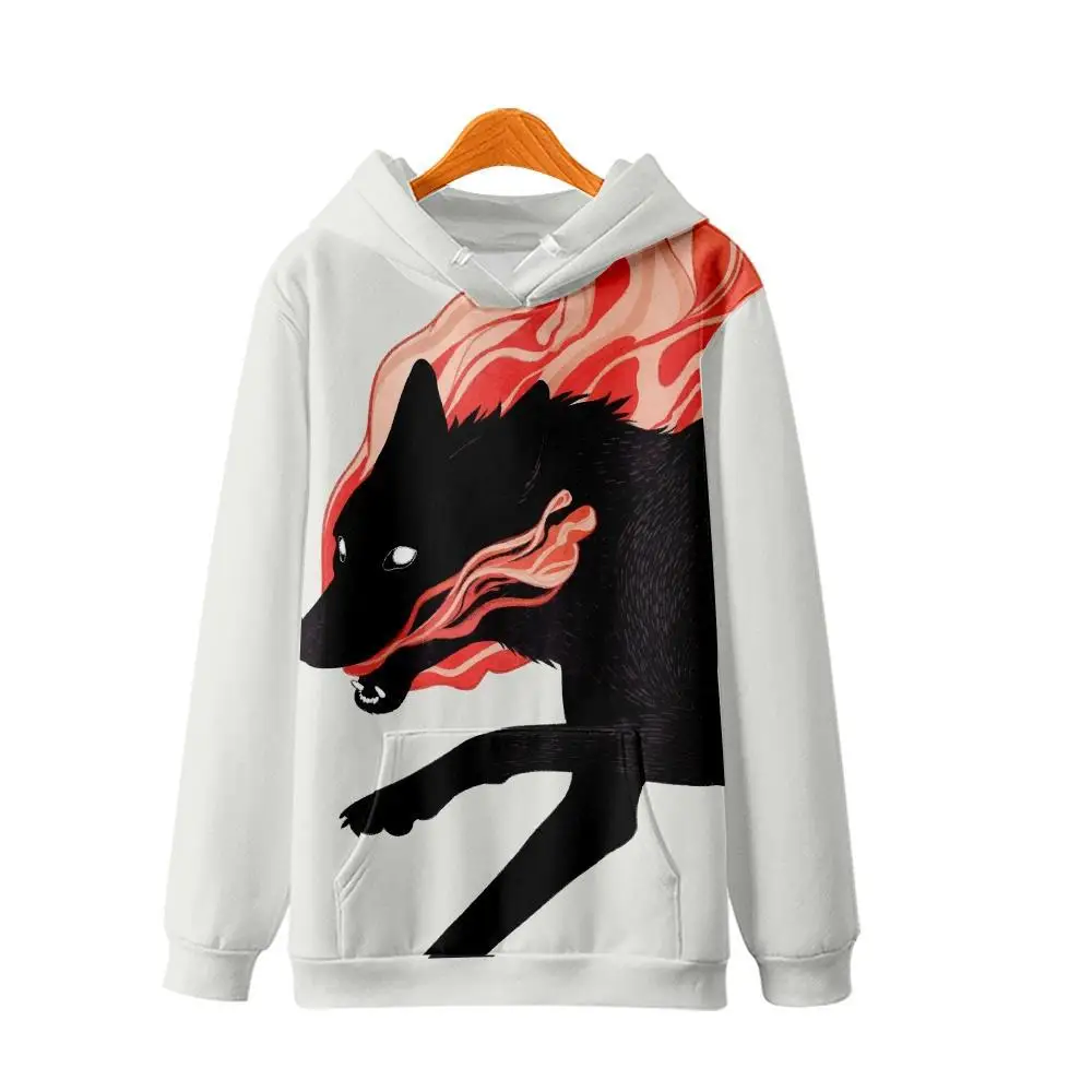 

Casual Cartoon Black Wolf Printed Long Sleeve Pullover Hoodies Autumn Couple Men Women Sweatshirt Harajuku Streetwear