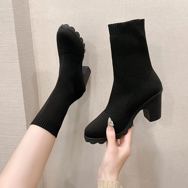 

Stretch Sock Boots for Woman Square Heel Yellow Knitting Footwear Elastic Cottton Boots Lady Footwear Fashion Women's Shoes 2025