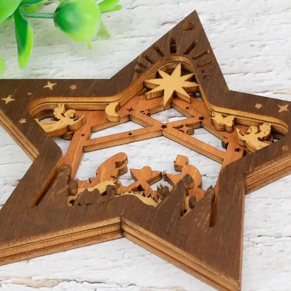 Traditional Wooden Nativity Scene Star Ornaments Hollow Hanging Nativity Scene Pendants Star Shaped Christmas Tree Ornament Home