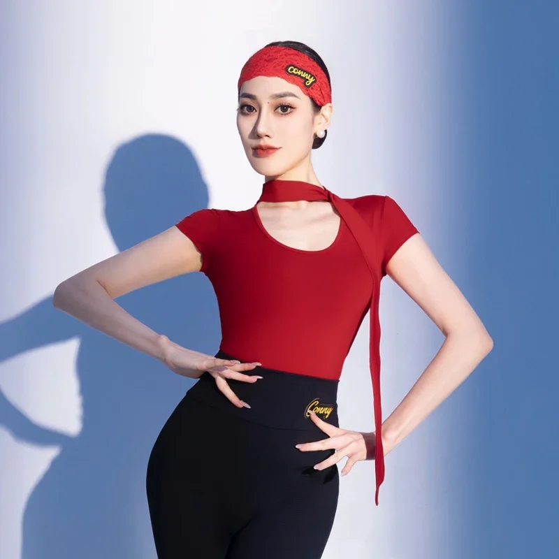 

Summer New New Latin Dance Costume Adult Black Round-Neck Tops Samba Short Sleeves Tops Rumba Practice Clothes For Women