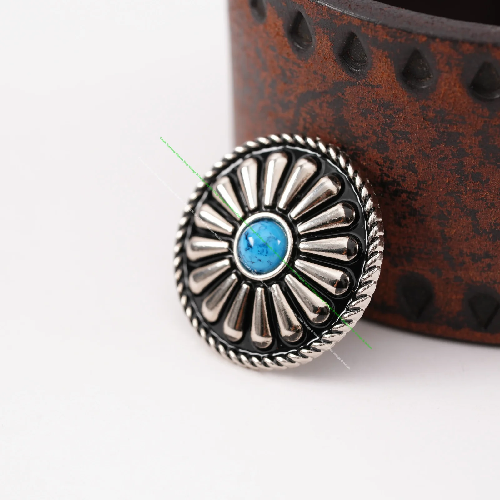 10pc Tribal BlueTurquoise Black Silver Bohemian Flower Leathercraft Saddle Conchos