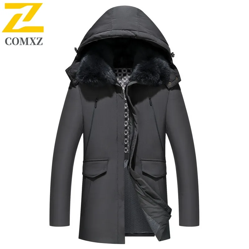 COMXZ 2025 Mens Winter stand Collar Hooded Thick Puffer Jacket American Style Waterproof and Windproof Long Outdoor Sports Coat