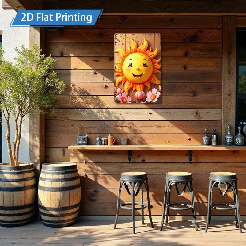 1 ชิ้น 8x12 นิ้วป้ายโลหะ "ที่มีเสน่ห์ดวงอาทิตย์และดอกไม้ 2D การพิมพ์แบนชนบทตกแต่งผนังศิลปะ"