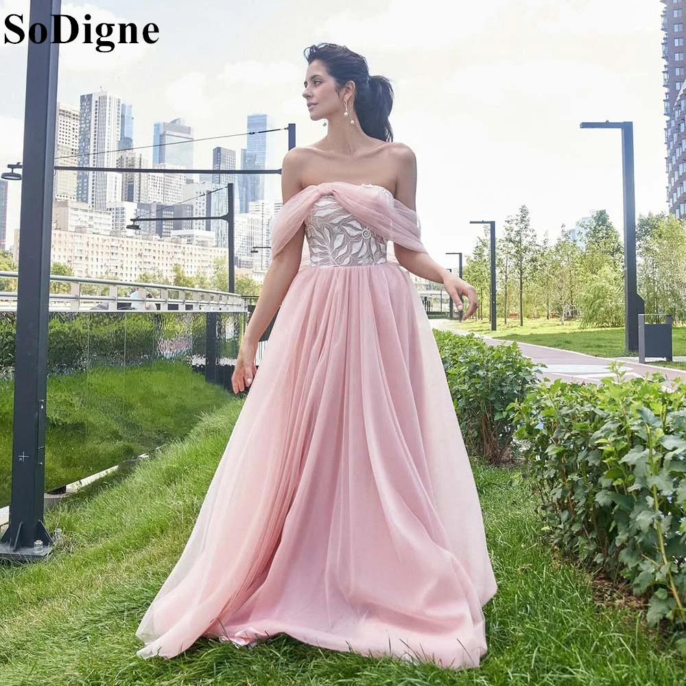 

SoDigne Elegant Pink Tulle Evening Dresses A-Line Off Shoulder Lace Pleated Party Dress 2025 Formal Occasion Prom Gown Customize