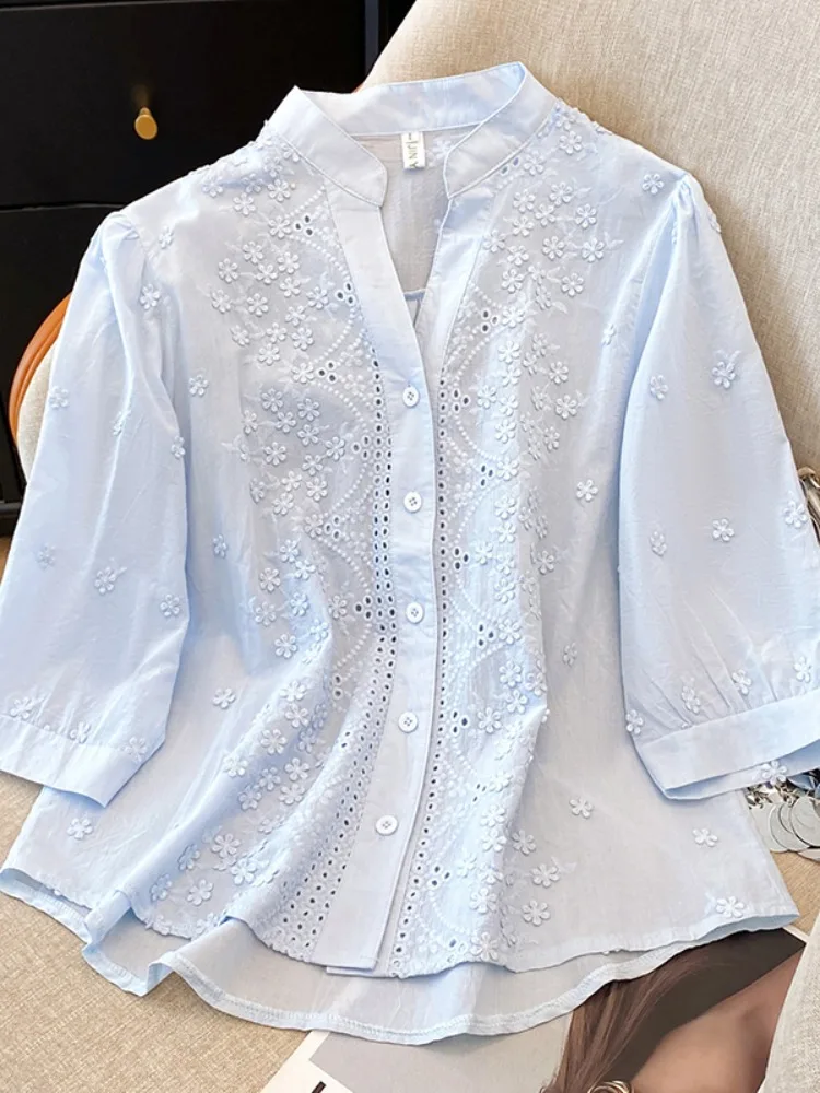 

Korean Sle Loose Casual V-Ne Embroidered Pure Cotton irt Women Summer Loose Fit Five-Quarter Sve Top in Color