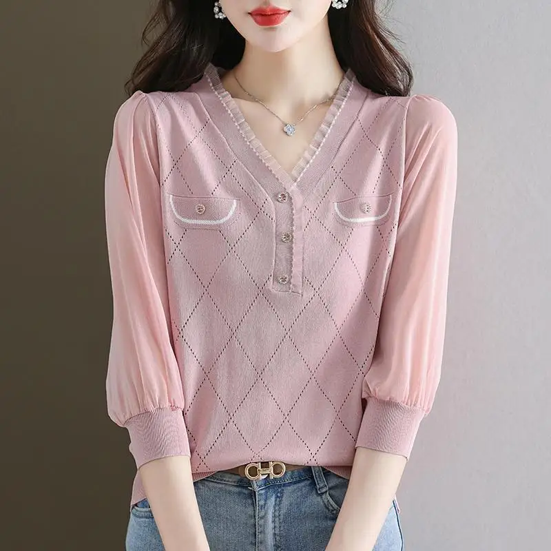 Elegant V-Neck Ruffles Spliced Hollow Out Blouses Women\'s Clothing 2024 Autumn New Loose Knitted Chic Tops Puff Sleeve Shirts