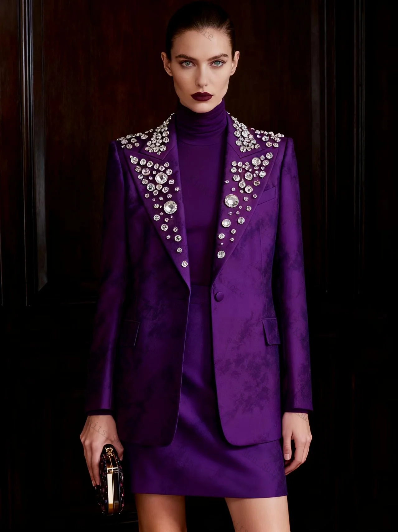 

Purple Women Suits Skirt Set 2 Piece Crystals Blazer+Short Prom Dress Customized Office Lady Jacket Autumn Spring Wedding Coat