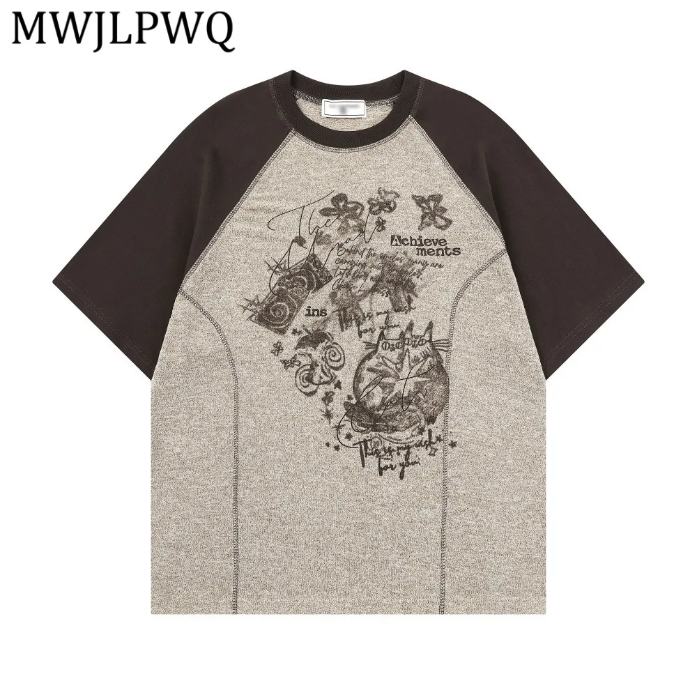 

MWJLPWQ Patchwork Raglan Short-Sleeve T-Shirt Men Hip-Hop Trendy Graffiti Print Casual Tee Loose Fit Tops For Summer New 16216