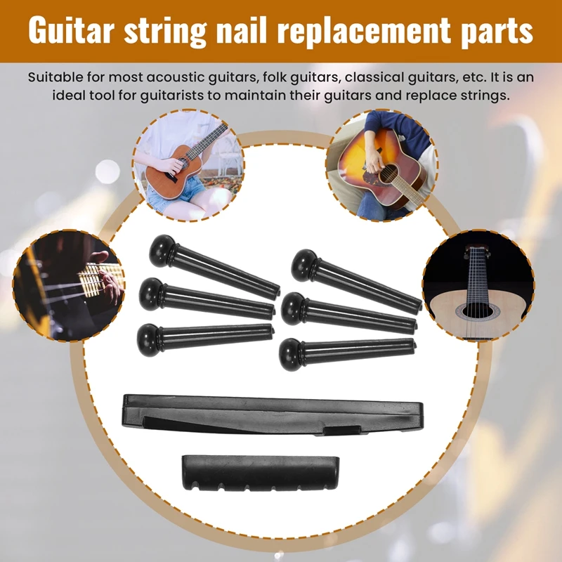 10 Set Guitar String Pegs Replacement Parts Acoustic Guitar Bridge Pins With Guitar Bridge Saddle Nut Kits Tools Black