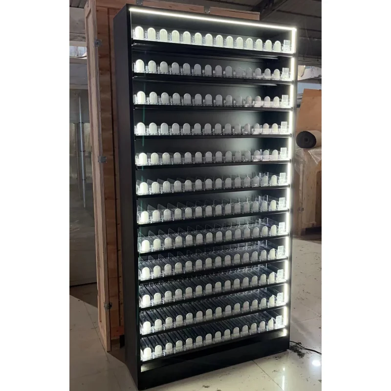 

custom.Smoke Shop Fixtures Led display Cabinets with Pusher Shelves Metal Display Rack for Sale