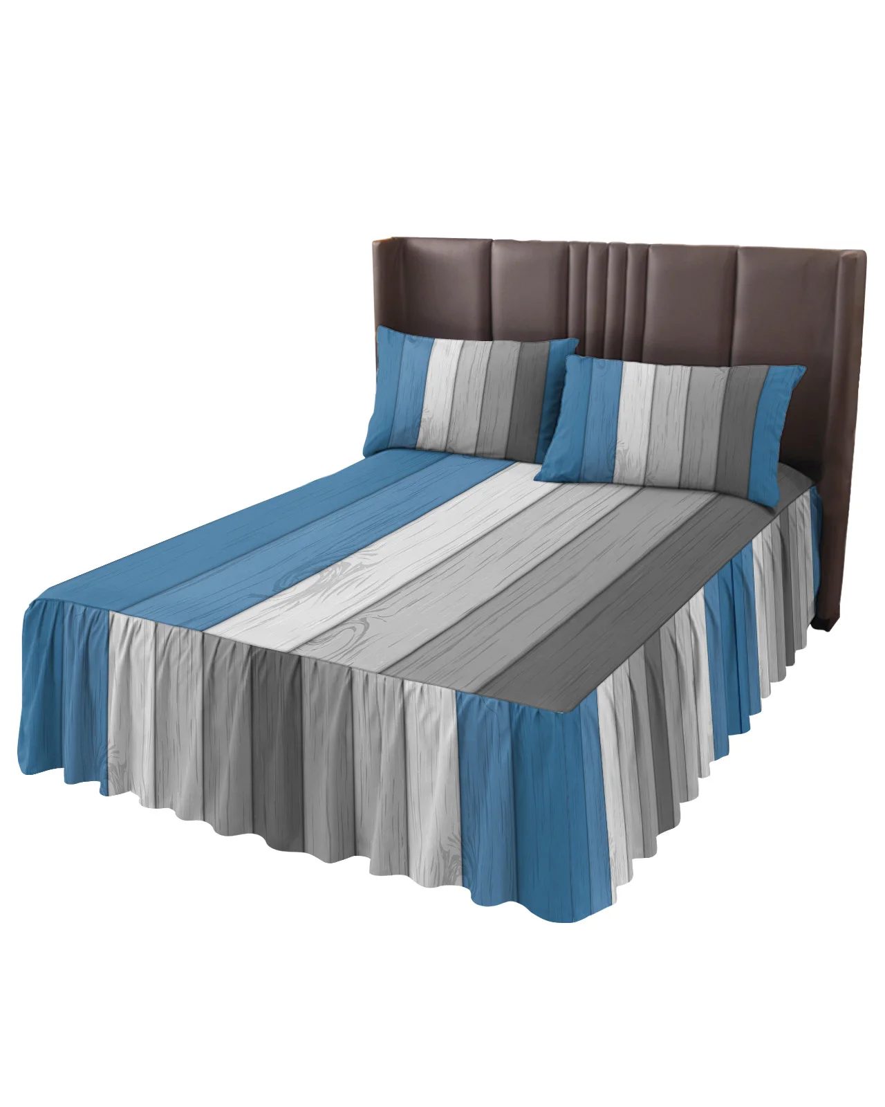 Retro Blue Grey Gradient Wood Grain Bed Skirt Elastic Fitted Bedspread With Pillowcases Mattress Cover Bedding Set Bed Sheet