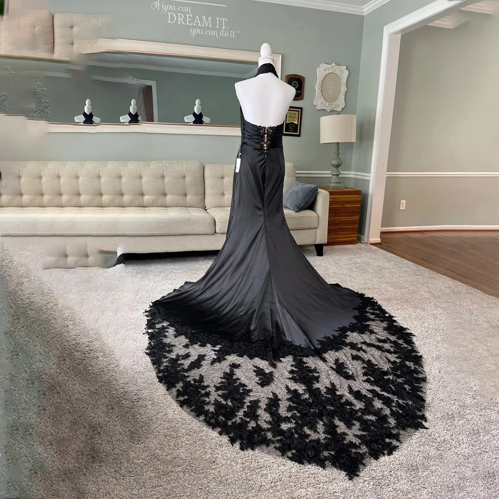 

Halloween Wedding Dresses Halter Neck Mermaid Brides Dress Illusion Train Slit Appliques Satin Gothic Bridal Gown Customized