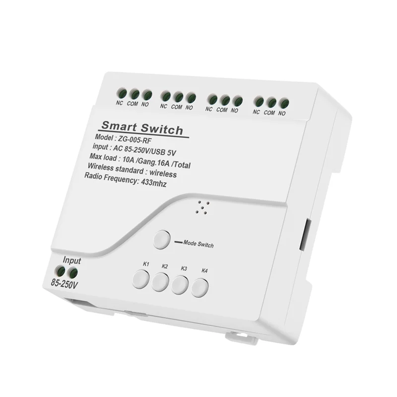 N05R 4CH Zigbee Smart Light Switch Module AC 85-250V RF433 Receive 10A Relays Work With Alexa Assistant,Tuya Smart Life