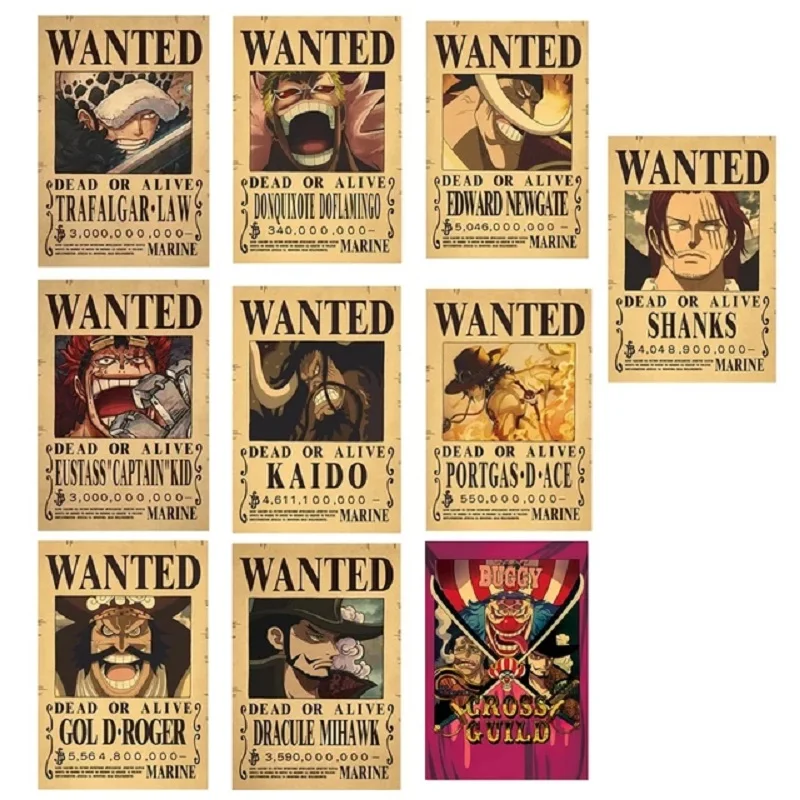 10pcs New Bounty One Piece Anime Figure Luffy Vintage Wanted Warrant Posters Children Room Wall Decoration Paintings Toys Gift