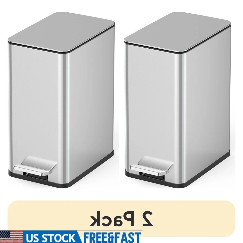 

2 Pack 2.6 Gallon Slim Stainless Steel Step Trash Can Soft Close Lid Touchless Operation Non Skid Base Indoor Wastebasket