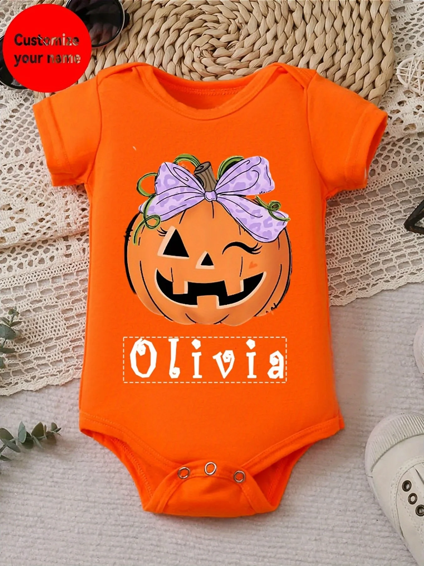 Halloween Baby Jumpsuit with Butterfly Bow Pumpkin Pattern Casual Comfortable 100% Cotton Short Sleeve DIY Jumpsuit for Newborn